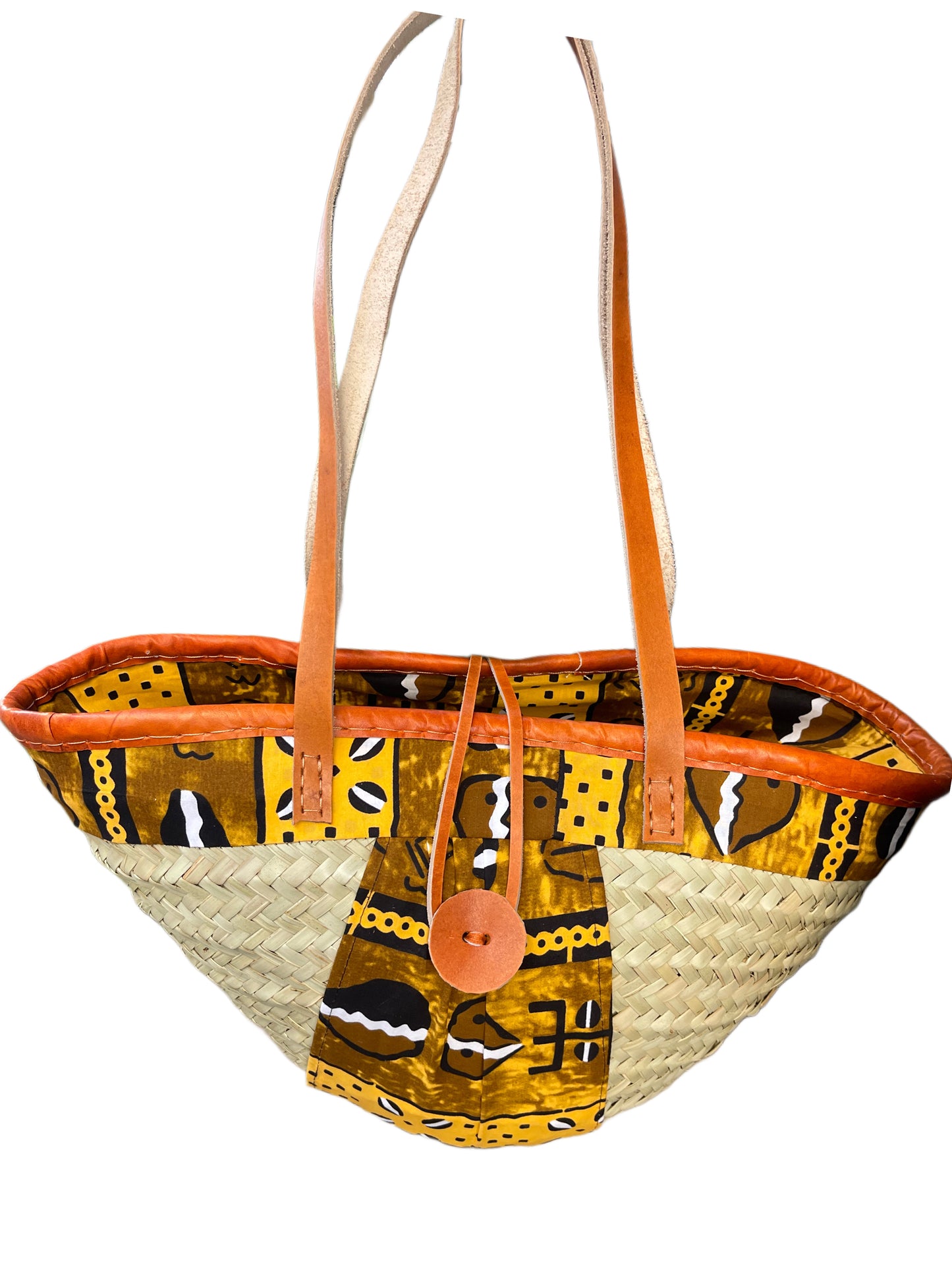 Mwini - Makuti basket with long leather handles and kitenge fabric