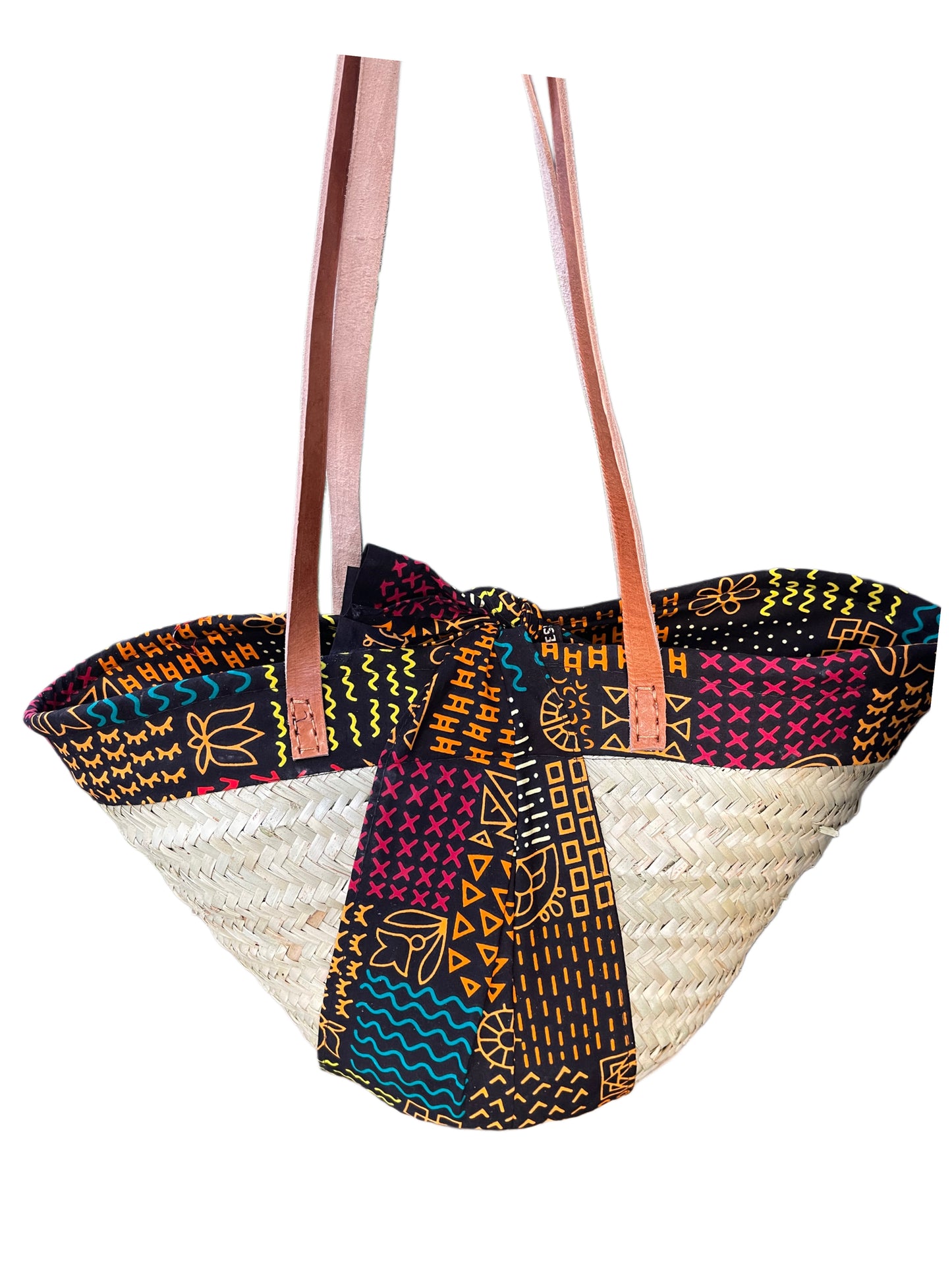 Mwini - Makuti basket with long leather handles and kitenge lining