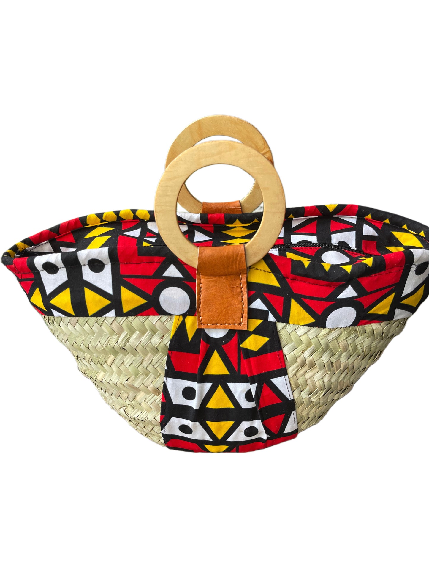 Mwini - Makuti basket with short wooden handles and kitenge lining