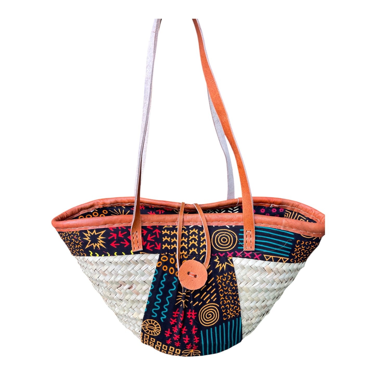 Mandy: Makuti basket with long leather handles and kitenge fabric