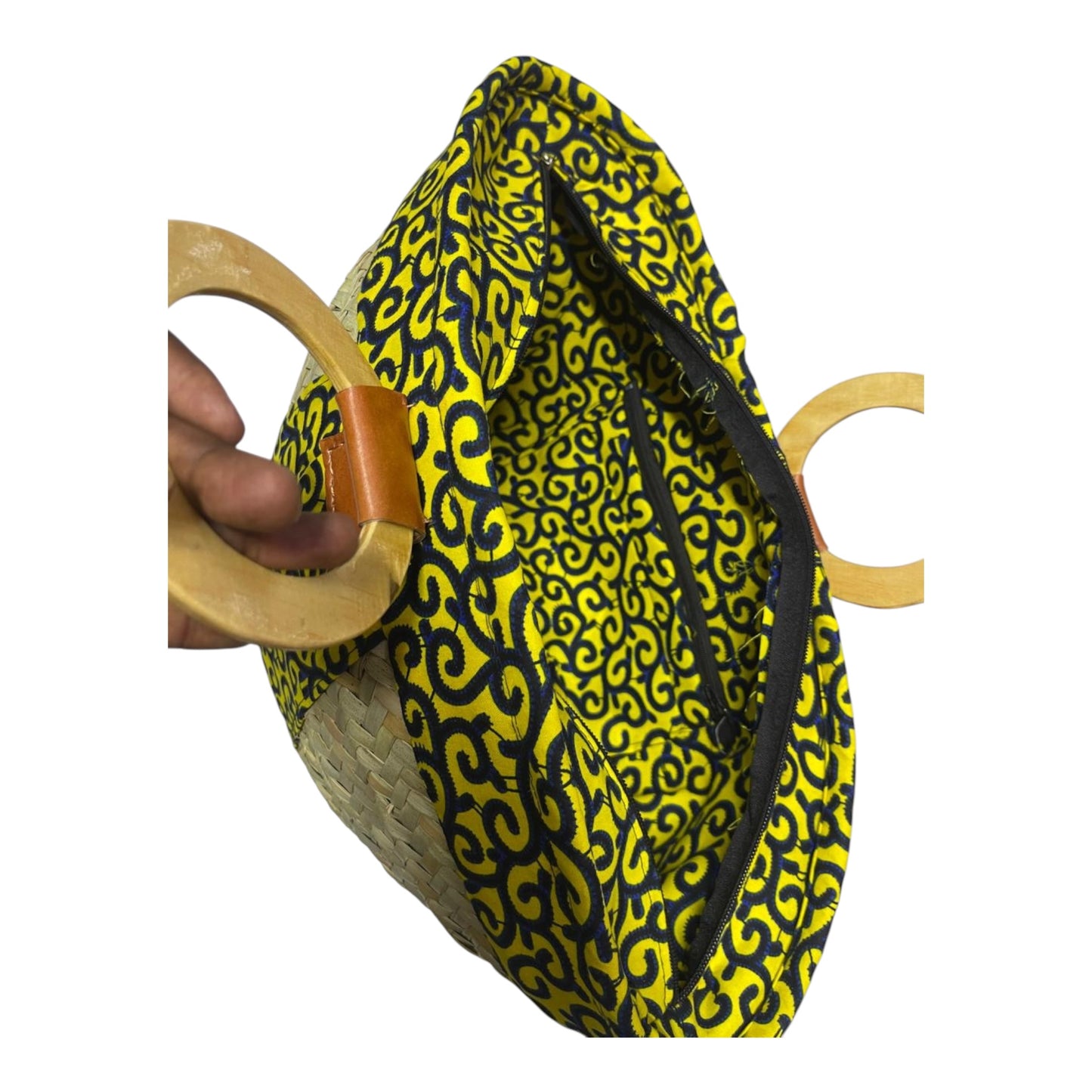 Mwini: Makuti with wooden handles and Kitenge lining