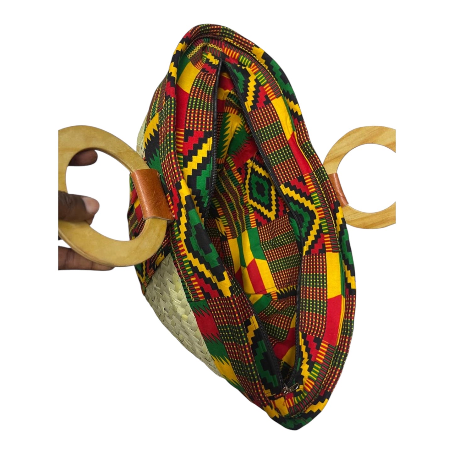 Mwini: Makuti with wooden handles and kitenge lining