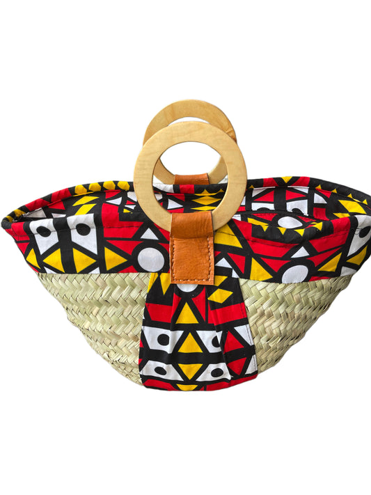 Mwini - Makuti basket with short wooden handles and kitenge lining